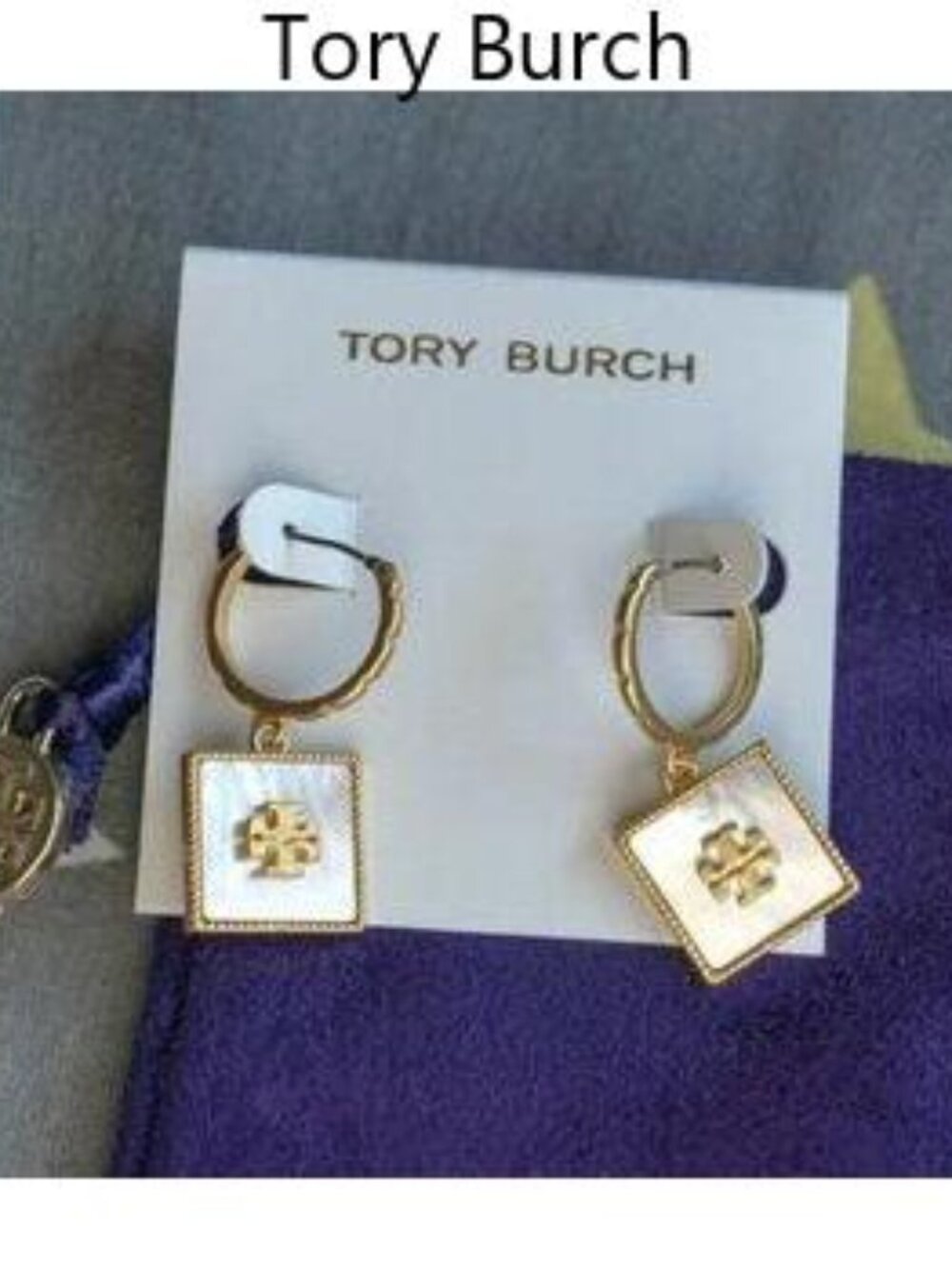 Tory Burch Square Huggie Drop Earrings in Mother of Pearl
